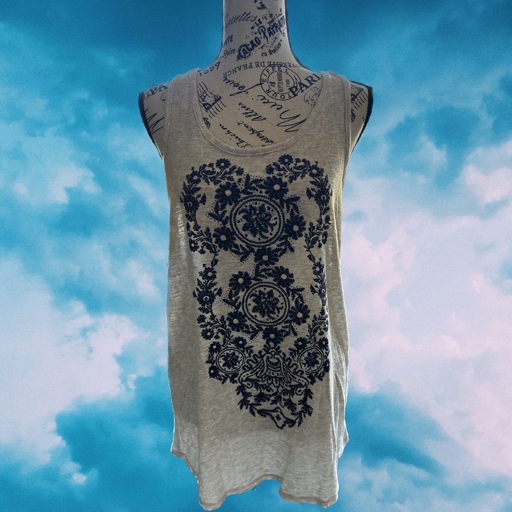 Oatmeal Colored Lightweight Knit Racerback w/ Navy Blue Faux Embroidery